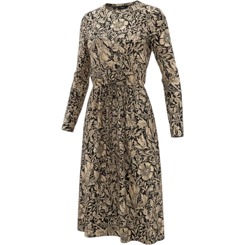 Ann Taylor Vintage 100% Silk Floral Damask Midi Dress Black Tan Size 6